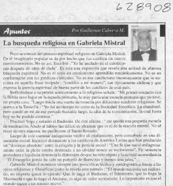 La búsqueda religiosa en Gabriela Mistral  [artículo] Guillermo Cabrera M.