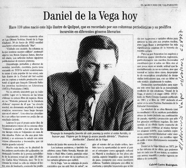 Daniel de la Vega hoy  [artículo] Gabriel Castro Rodríguez