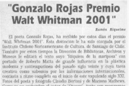 "Gonzalo Rojas Premio Walt Whitman 2001"  [artículo] Ramón Riquelme