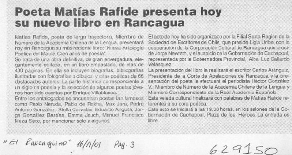 Poetas Matías Rafide presenta hoy su nuevo libro en Rancagua  [artículo]