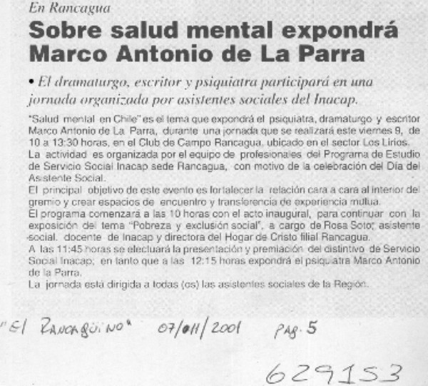 Sobre salud mental expondrá Marco Antonio de la Parra  [artículo]