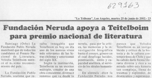 Fundación Neruda apoya a Teitelboim para premio nacional de literatura  [artículo]