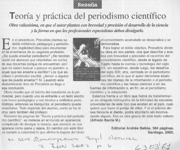 Teoría y práctica del periodismo científico  [artículo] Alfredo Barría M.