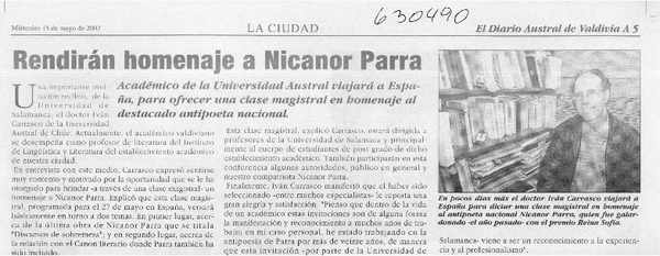 Rendirán homenaje a Nicanor Parra  [artículo]