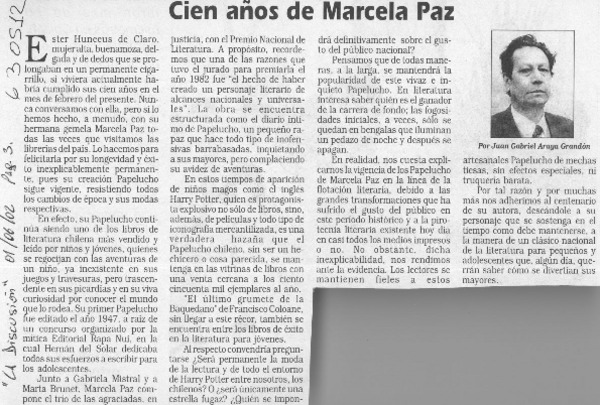 Cien años de Marcela Paz  [artículo] Juan Gabriel Araya G.