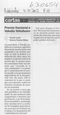 Premio Nacional a Volodia Teitelboim  [artículo] Vicente Lastra