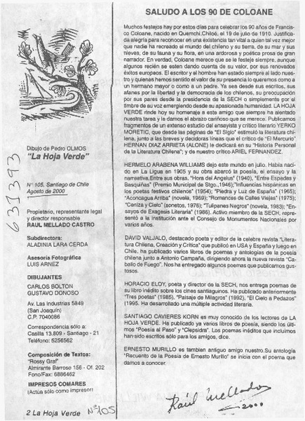 Saludo a los 90 de Coloane  [artículo] Raúl Mellado
