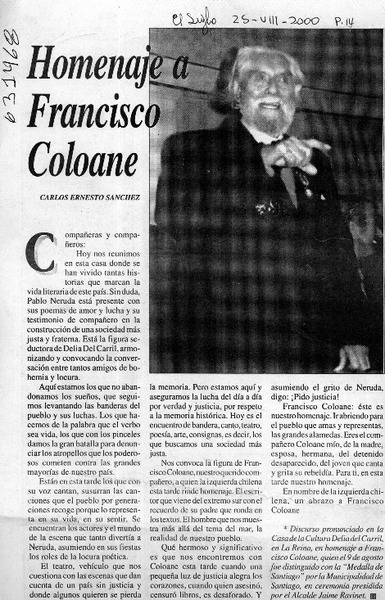 Homenaje a Francisco Coloane  [artículo] Carlos Alberto Sánchez
