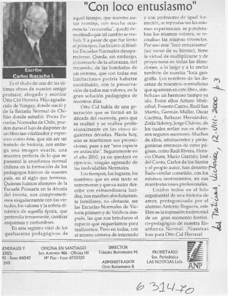 "Con loco entusiasmo"  [artículo] Carlos René Ibacache I.