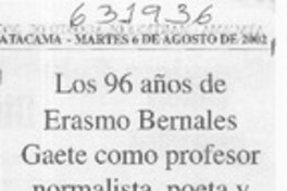Los 96 años de Erasmo Bernales Gaete como profesor normalista, poeta y músico