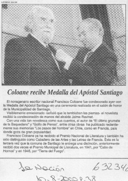 Coloane recibe Medalla del Apóstol Santiago  [artículo]