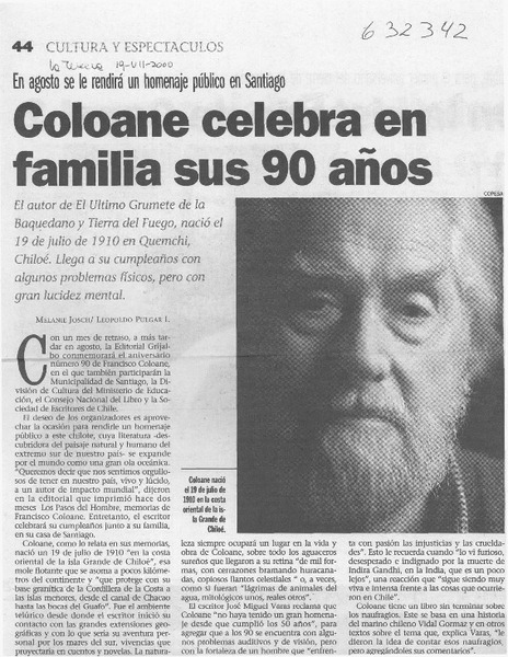 Coloane celebra en familia sus 90 años  [artículo] Melanie Jösch <y> Leopoldo Pulgar I.