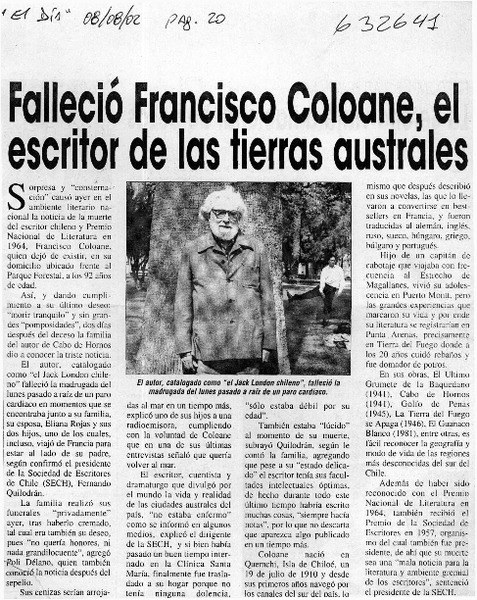 Falleció Francisco Coloane, el escritor de las tierras australes  [artículo]