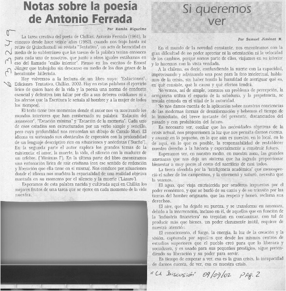 Notas sobre la poesía de Antonio Ferrada  [artículo] Ramón Riquelme