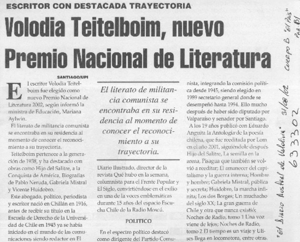 Volodia Teitelboim, nuevo Premio Nacional de Literatura  [artículo]