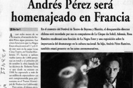 Andrés Pérez será homenajeado en Francia  [artículo] Rita Cox F.
