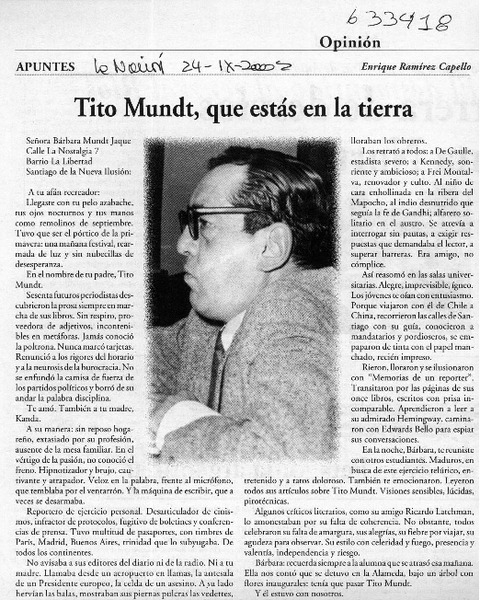 Tito Mundt, que estás en la tierra  [artículo] Enrique Ramírez Capello