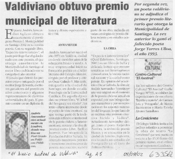 Valdiviano obtuvo premio municipal de literatura  [artículo]