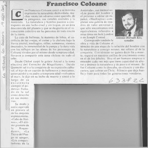 Francisco Coloane  [artículo] Antonio Horvath Kiss
