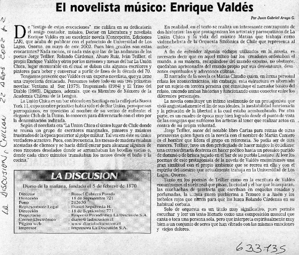 El novelista músico, Enrique Valdés  [artículo] Juan Gabriel Araya G.