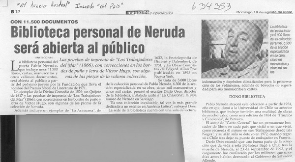 Biblioteca personal de Neruda será abierta al público  [artículo]