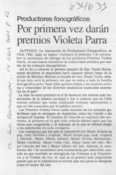 Por primera vez darán premios Violeta Parra  [artículo]