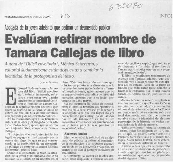 Evalúan retiran nombre de Tamara Callejas de libro  [artículo] Jorge Pereira