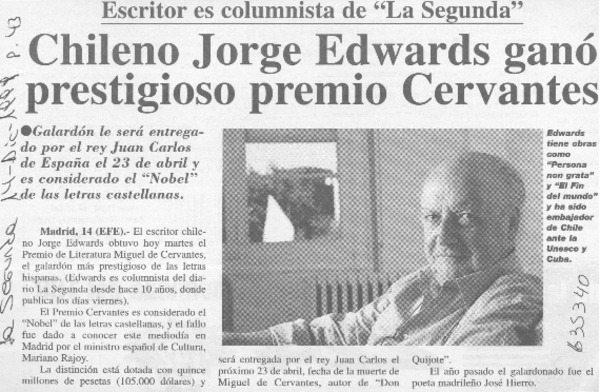 Chileno Jorge Edwards ganó prestigioso premio Cervantes  [artículo]