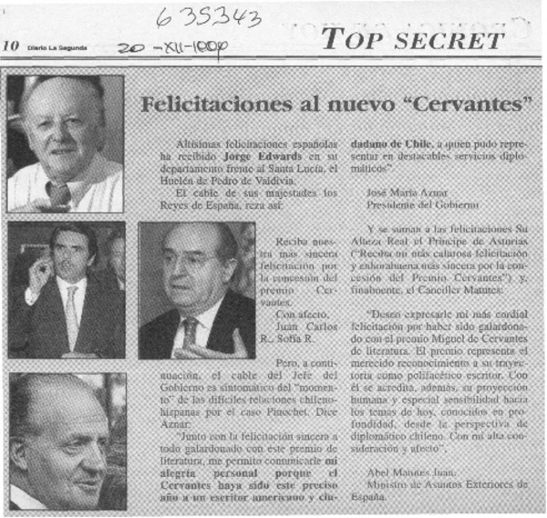 Felicitaciones al nuevo "Cervantes"  [artículo]