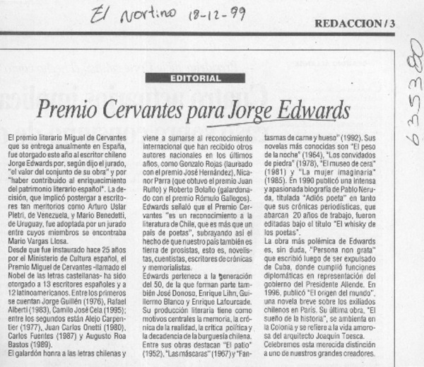 Premio Cervantes para Jorge Edwards  [artículo]