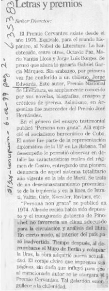 Letras y premios  [artículo] Pedro Godoy P.