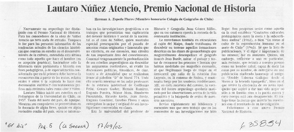 Lautaro Núñez Atencio, Premio Nacional de Historia  [artículo] Herman A. Zepeda Flores