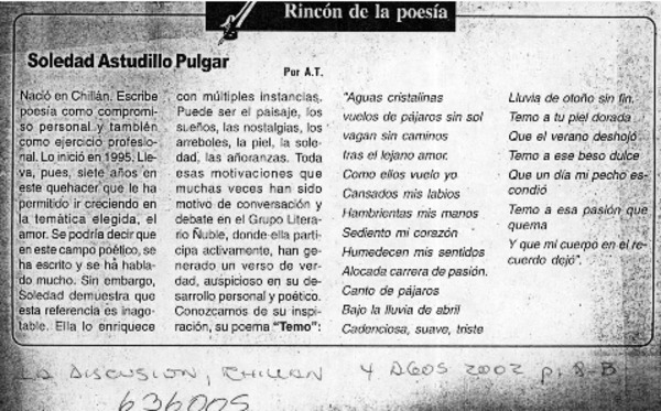 Soledad Astudillo Pulgar  [artículo] A. T.