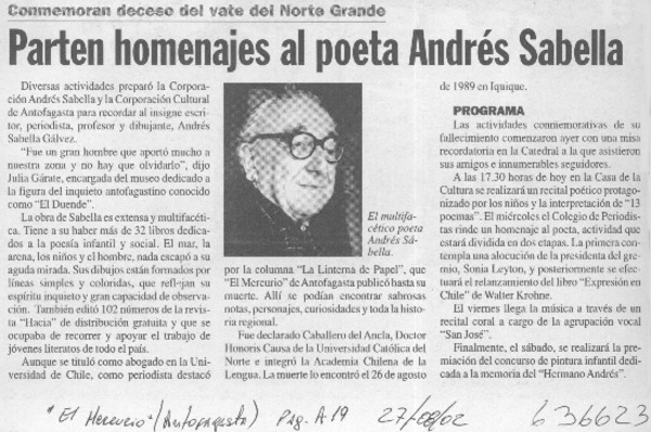 Parten homenajes al poeta Andrés Sabella  [artículo]