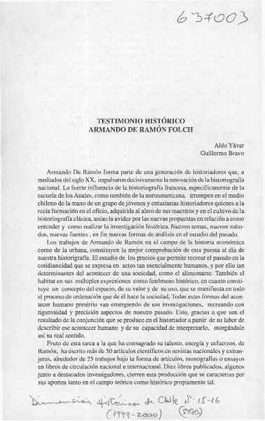 Testimonio histórico Armando de Ramón Folch  [artículo] Guillermo Bravo <y> Aldo Yávar