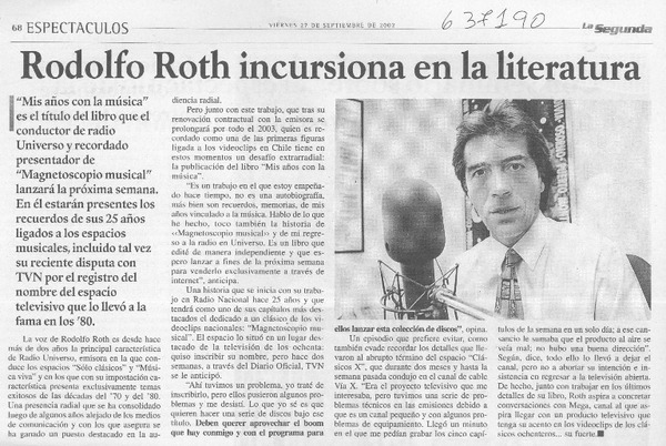 Rodolfo Roth incursiona en la literatura  [artículo]