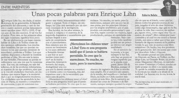 Unas pocas palabras para Enrique Lihn  [artículo] Roberto Bolaño