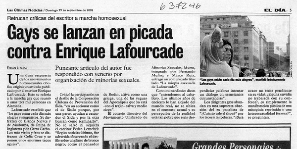 Gays se lanzan en picada contra Enrique Lafourcade  [artículo] Fabián Llanca