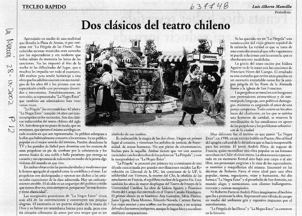 Dos clásicos del teatro chileno  [artículo] Luis Alberto Mansilla