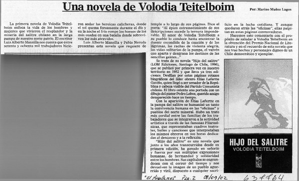 Una novela de Volodia Teitelboim  [artículo] Marino Muñoz Lagos