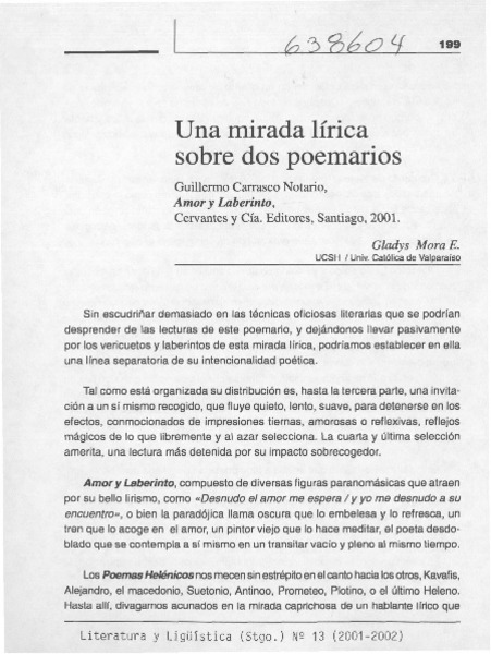 Una mirada lírica sobre dos poemarios  [artículo] Gladys Mora E.