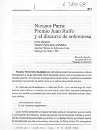Nicanor Parra, Premio Juan Rulfo y el discurso de sobremesa  [artículo] Ricardo Benítez