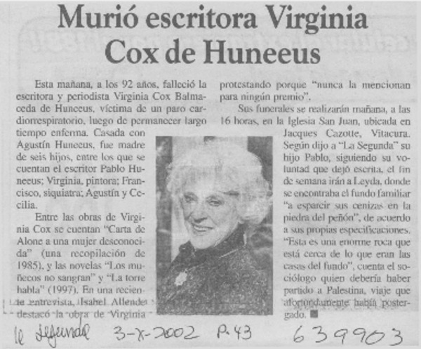 Murió escritora Virginia Cox de Huneeus  [artículo]