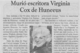 Murió escritora Virginia Cox de Huneeus  [artículo]