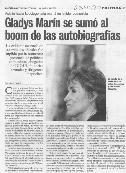 Gladys Marín se sumó al boom de las autobiografías