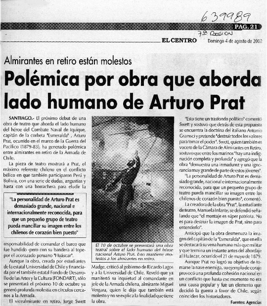 Polémica por obra que aborda lado humano de Arturo Prat  [artículo]