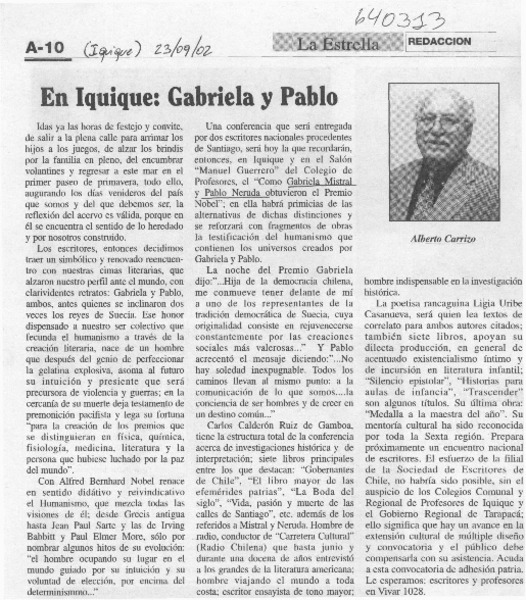 En Iquique, Gabriela y Pablo  [artículo] Alberto Carrizo