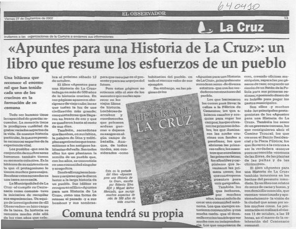 "Apuntes para una historia de La Cruz", un libro que resume los esfuerzos de un pueblo  [artículo]