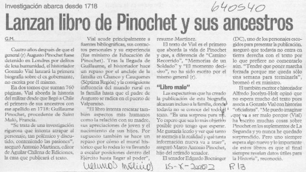 Lanzan libro de Pinochet y sus ancestros  [artículo] G. M.