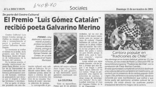 El Premio "Luis Gómez Catalán" recibió poeta Galvarino Merino  [artículo]